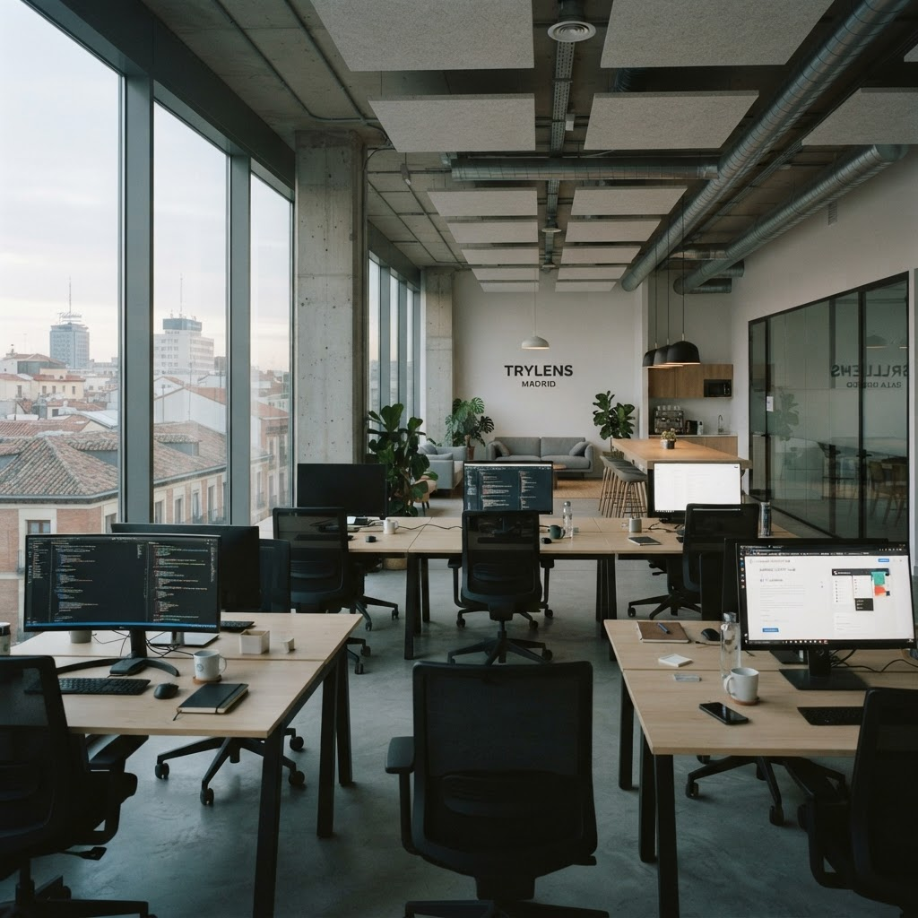 Empty modern startup office in Madrid at dawn