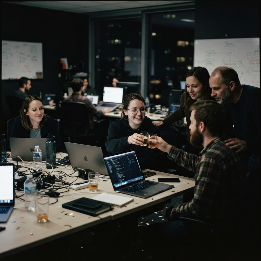 Small tech team working late in a dim office