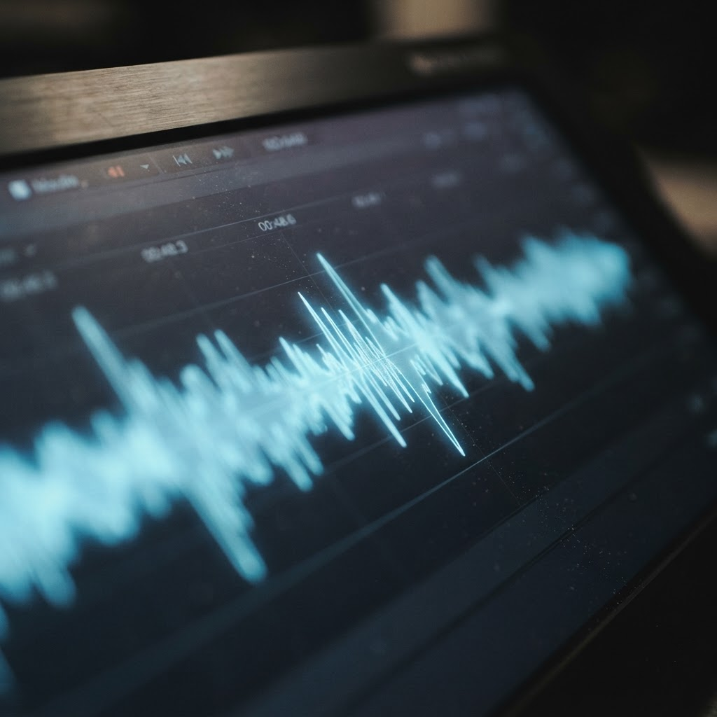Audio waveform visualization glowing on a dark screen